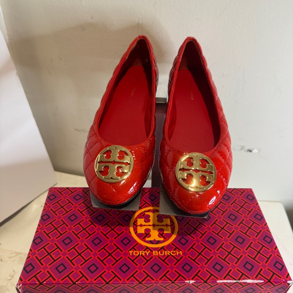Tory Burch Chelesa Quilted Ballet Flat Fiesta Red Shoes 157315 size 7.5 new